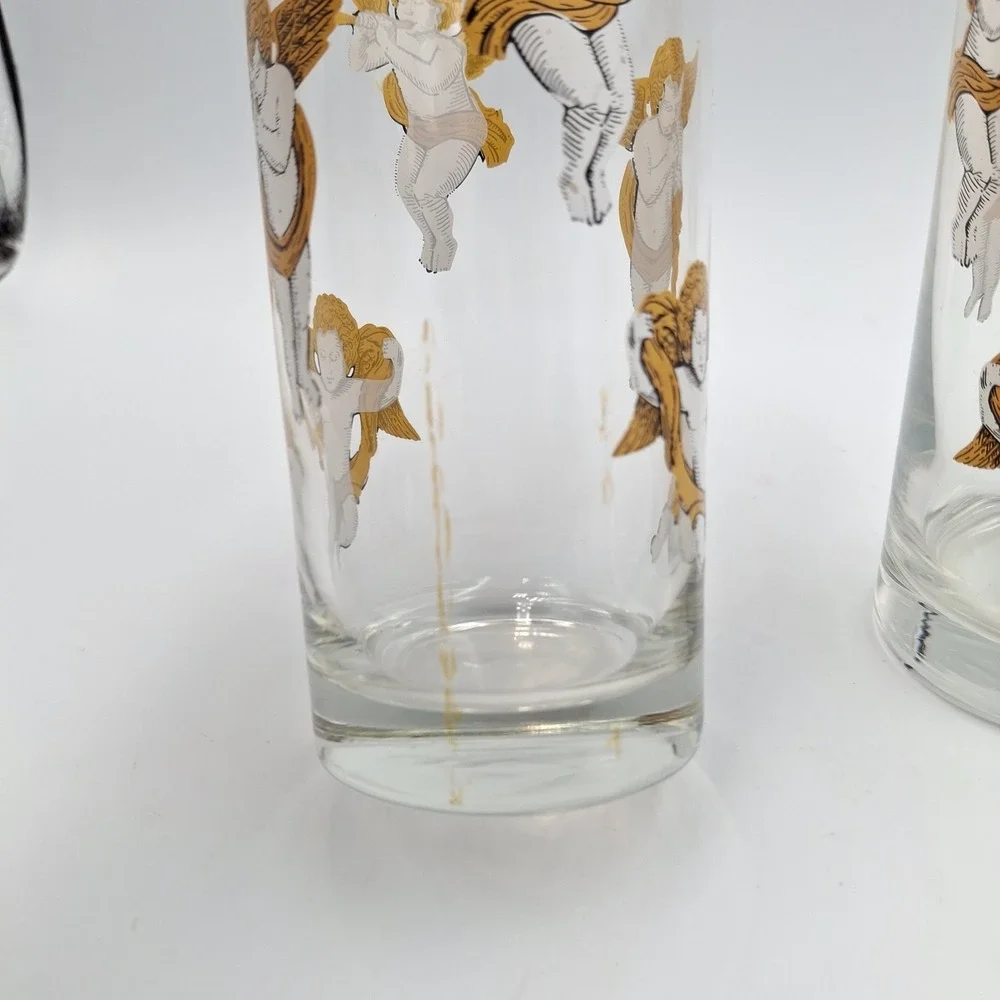 Vintage Culver Tall Cooler Barware Glasses Cherubs & Stars Set of 2 Made In USA